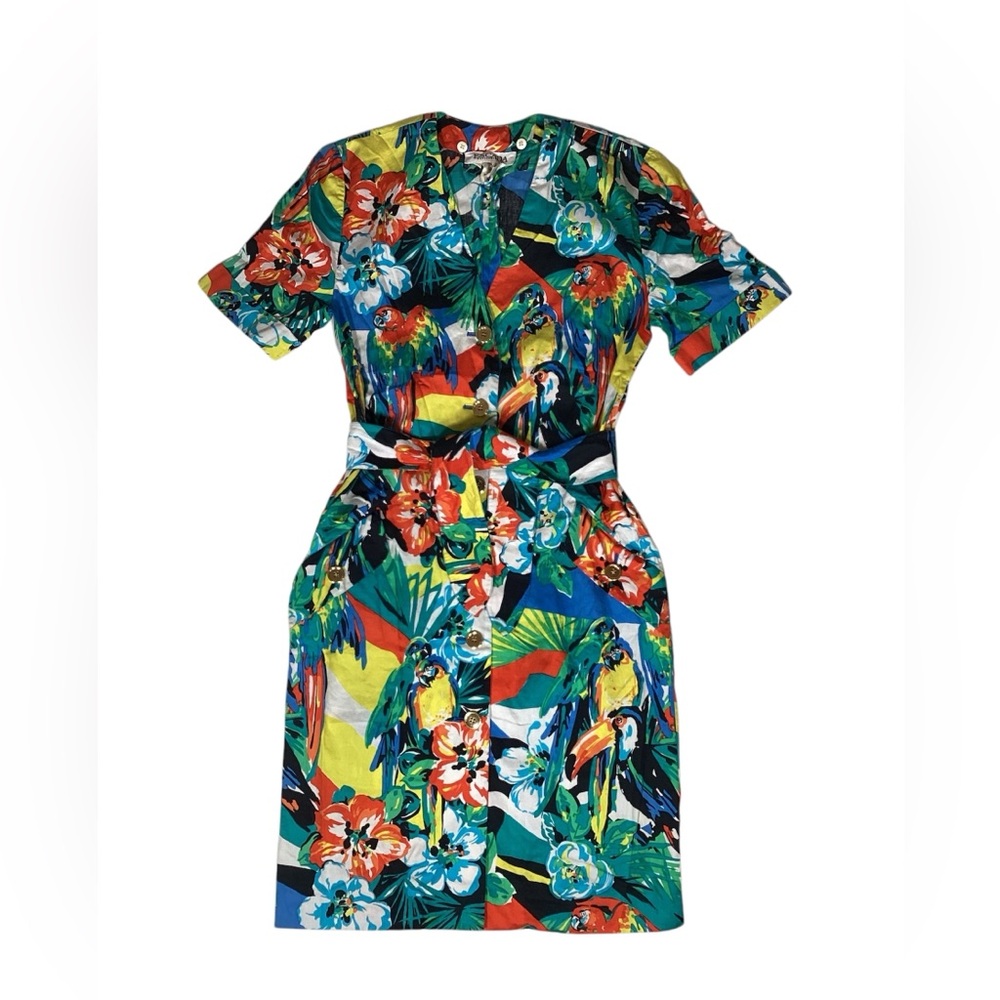 **RARE** ESCADA MARGARETHA LEY VINTAGE 1980’S Button Tropical Parrot Dress SZ S